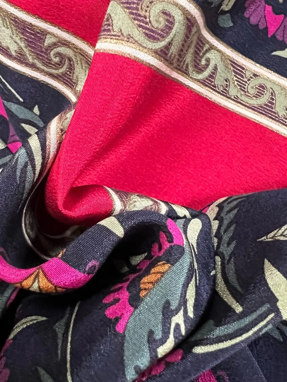 Yves Saint Laurent Vintage Silk Scarf Floral Print Square Shawl Red Pink Navy